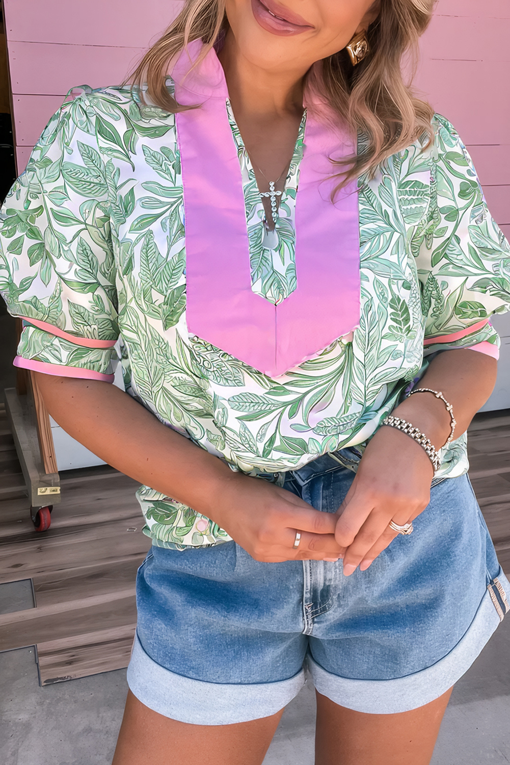 Green Leaves Pattern Color Block V Neck Puff Sleeve Blouse - loveforevers