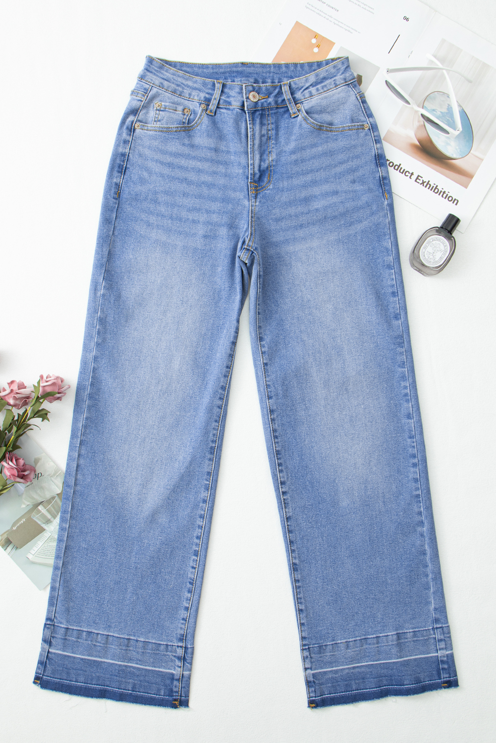 Real Teal Raw Hem Unique Cuffs Straight High Rise Loose Jeans - loveforevers