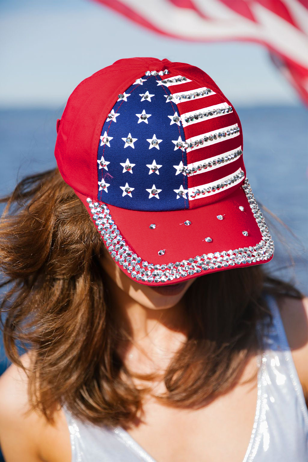Fiery Red American Flag Rhinestone Decor Baseball Cap - loveforevers
