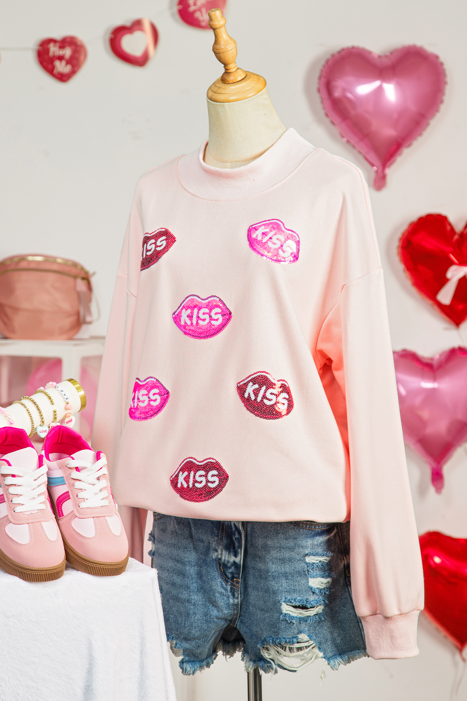 Apricot Pink Cowgirl Element Embroidered Detail Mock Neck Sweatshirt - loveforevers