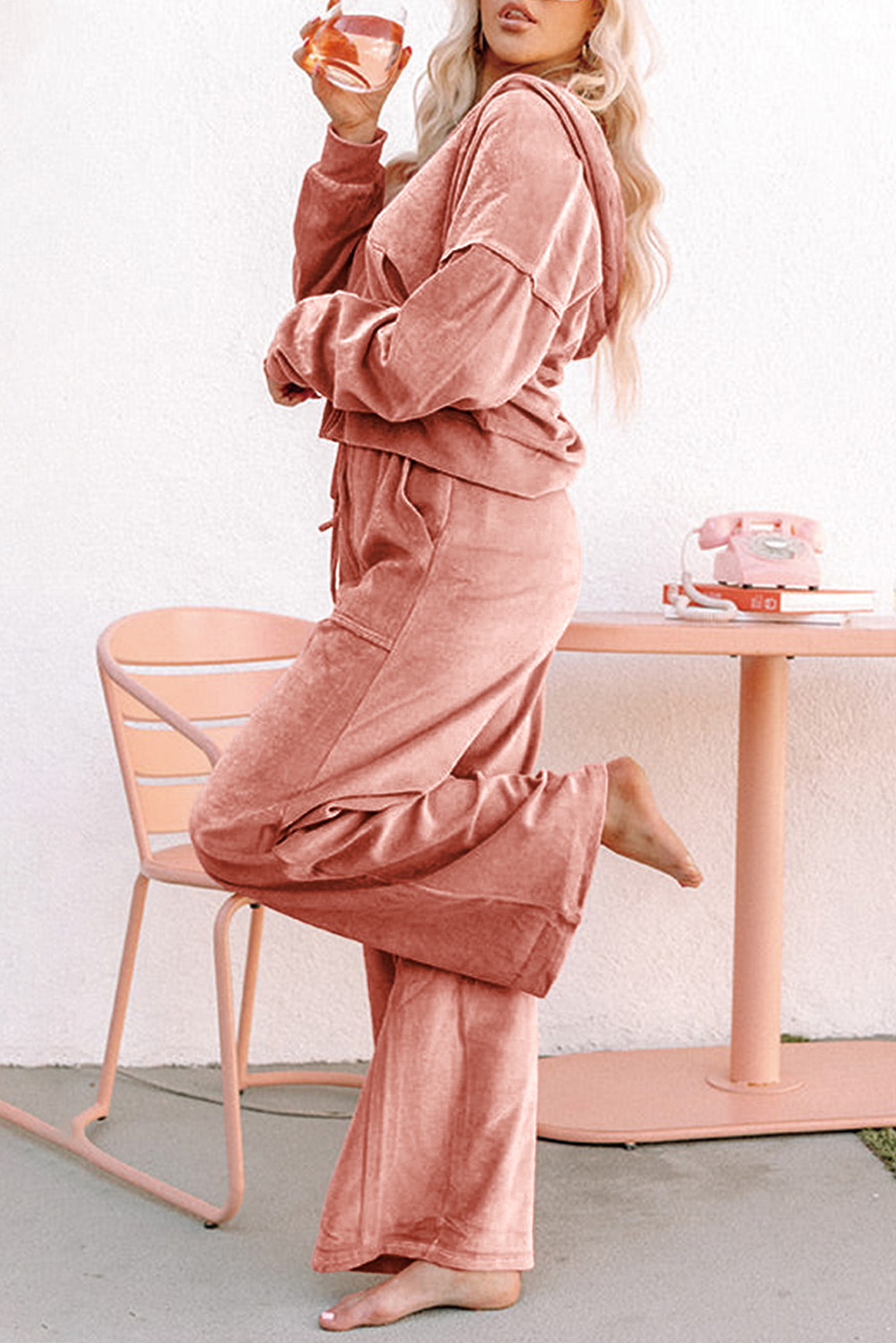 Peach Blossom Velvet Zip-up Hoodie and Wide Leg Pants Set - loveforevers