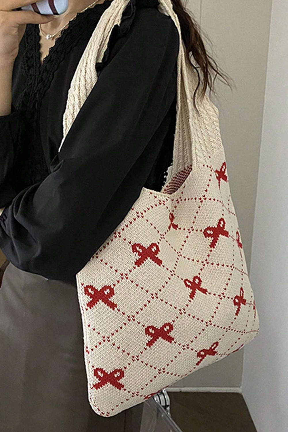 Fiery Red Bow Argyle Pattern Cable Knit Handle Tote Bag - loveforevers