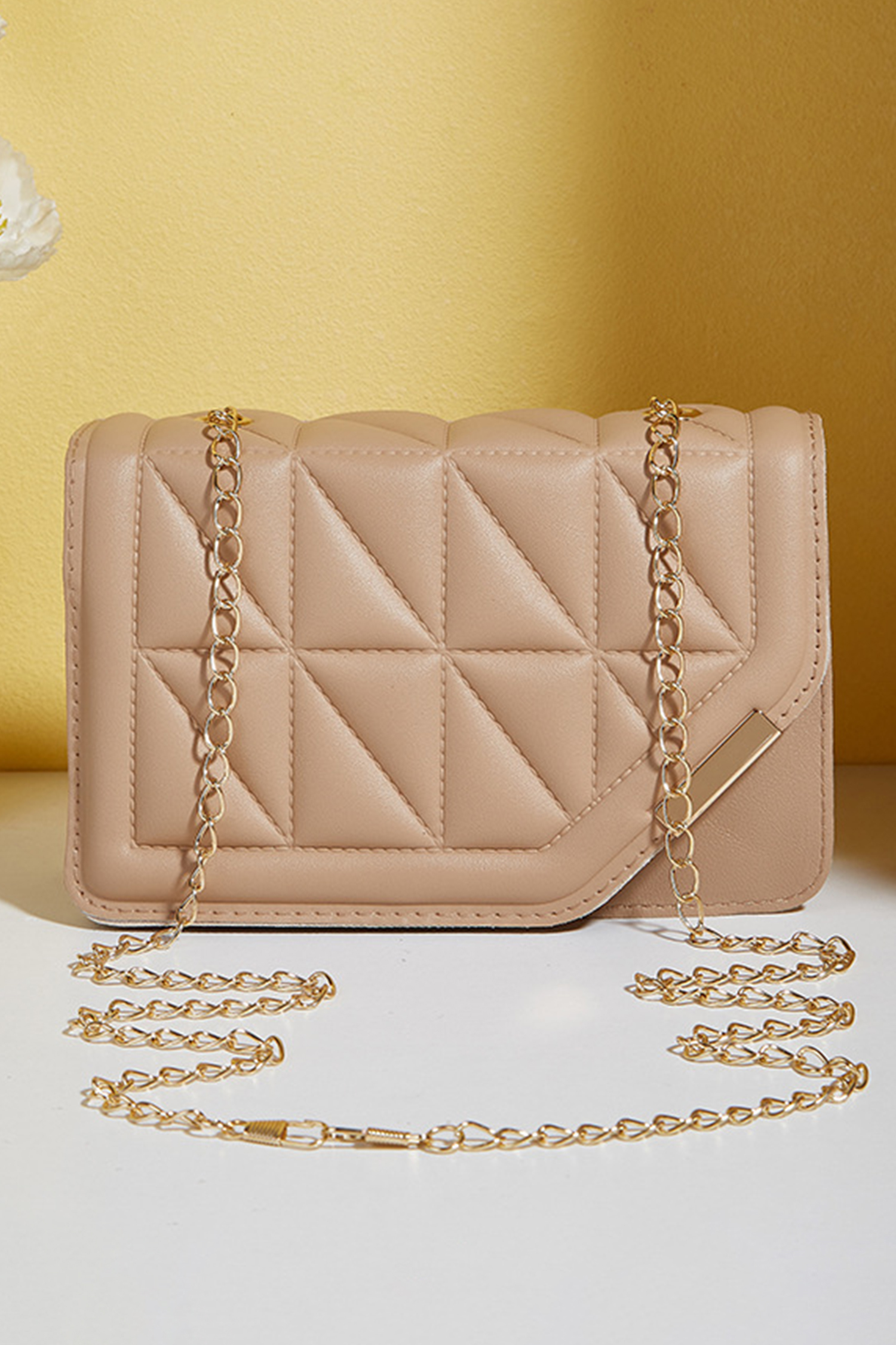 Khaki PU Leather Quilted Texture Asymmetric Cover Chain Strap Square Shoulder Bag - loveforevers