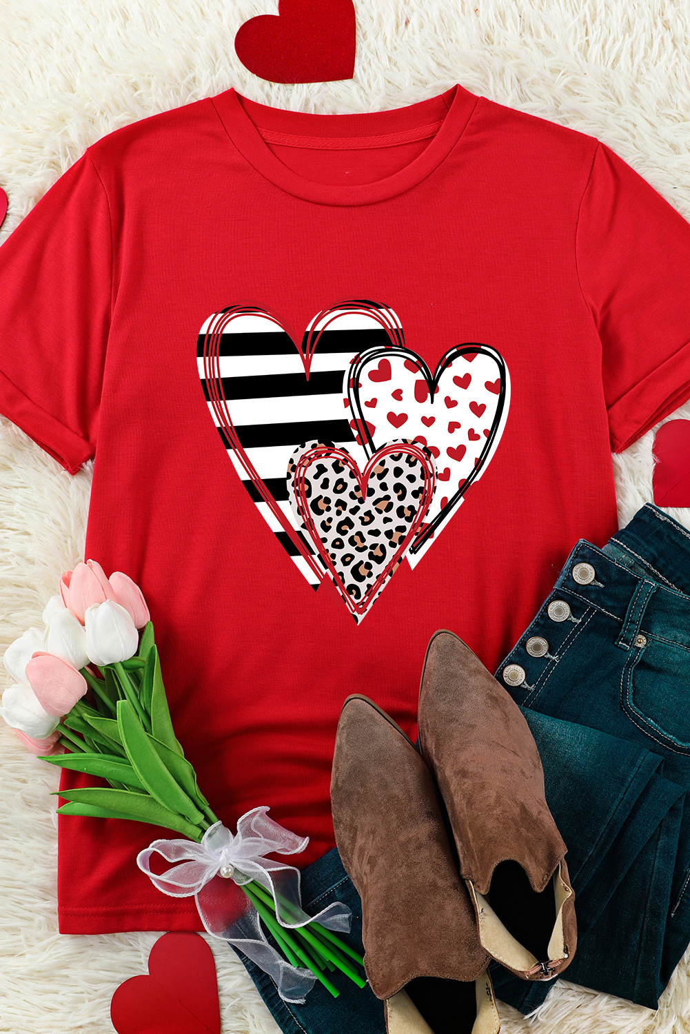 Red Leopard Striped Heart Shaped Print Crew Neck T Shirt - loveforevers