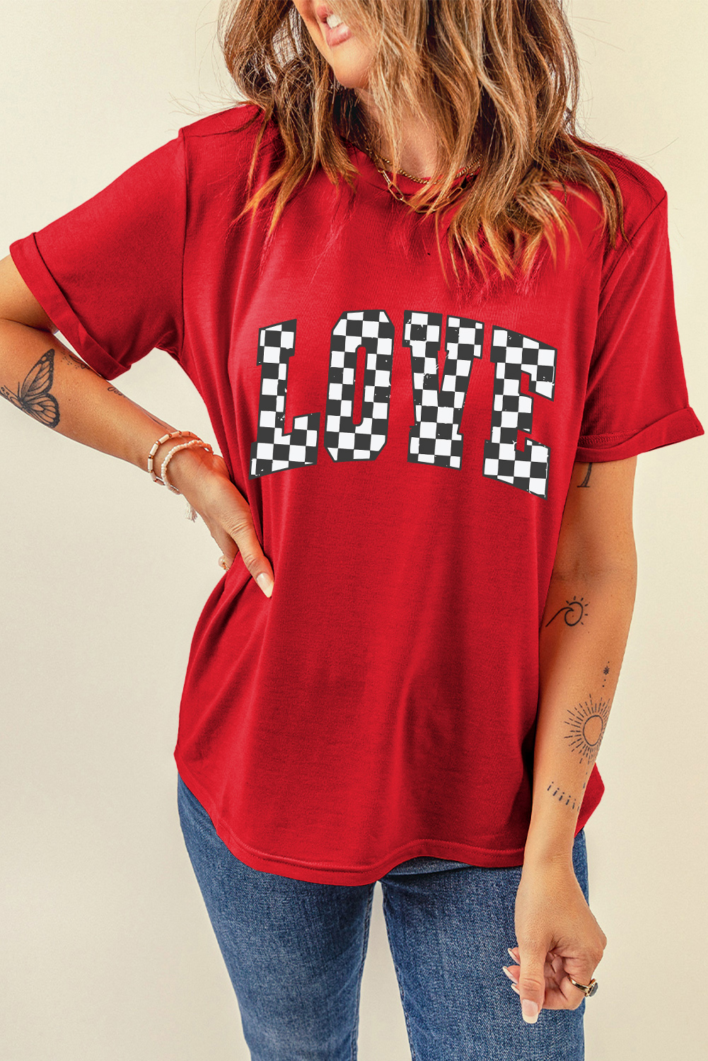 Red Checkered LOVE Letter Graphic Valentines T Shirt - loveforevers