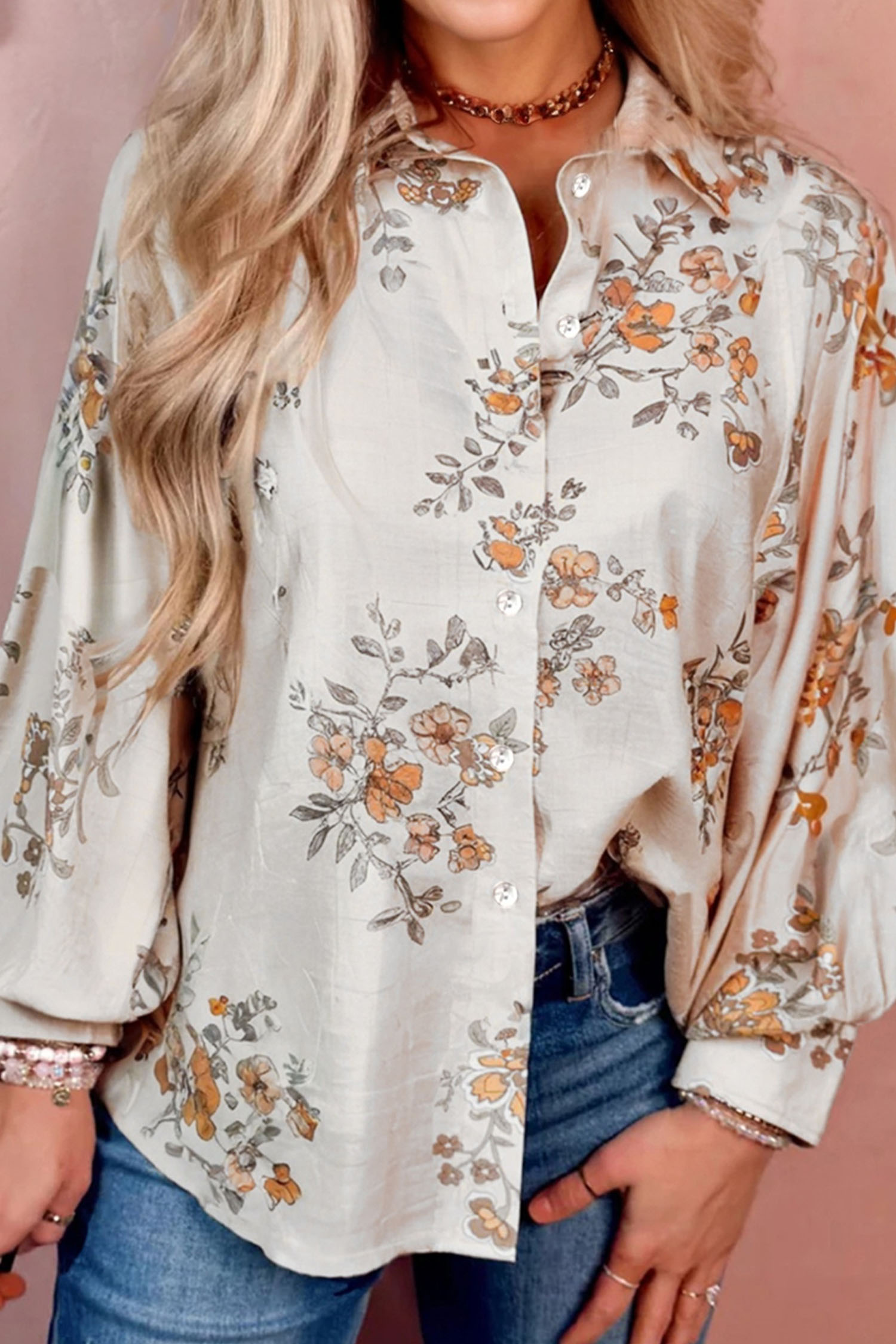 Apricot Floral Printed Silky Button Up Long Sleeve Shirt - loveforevers