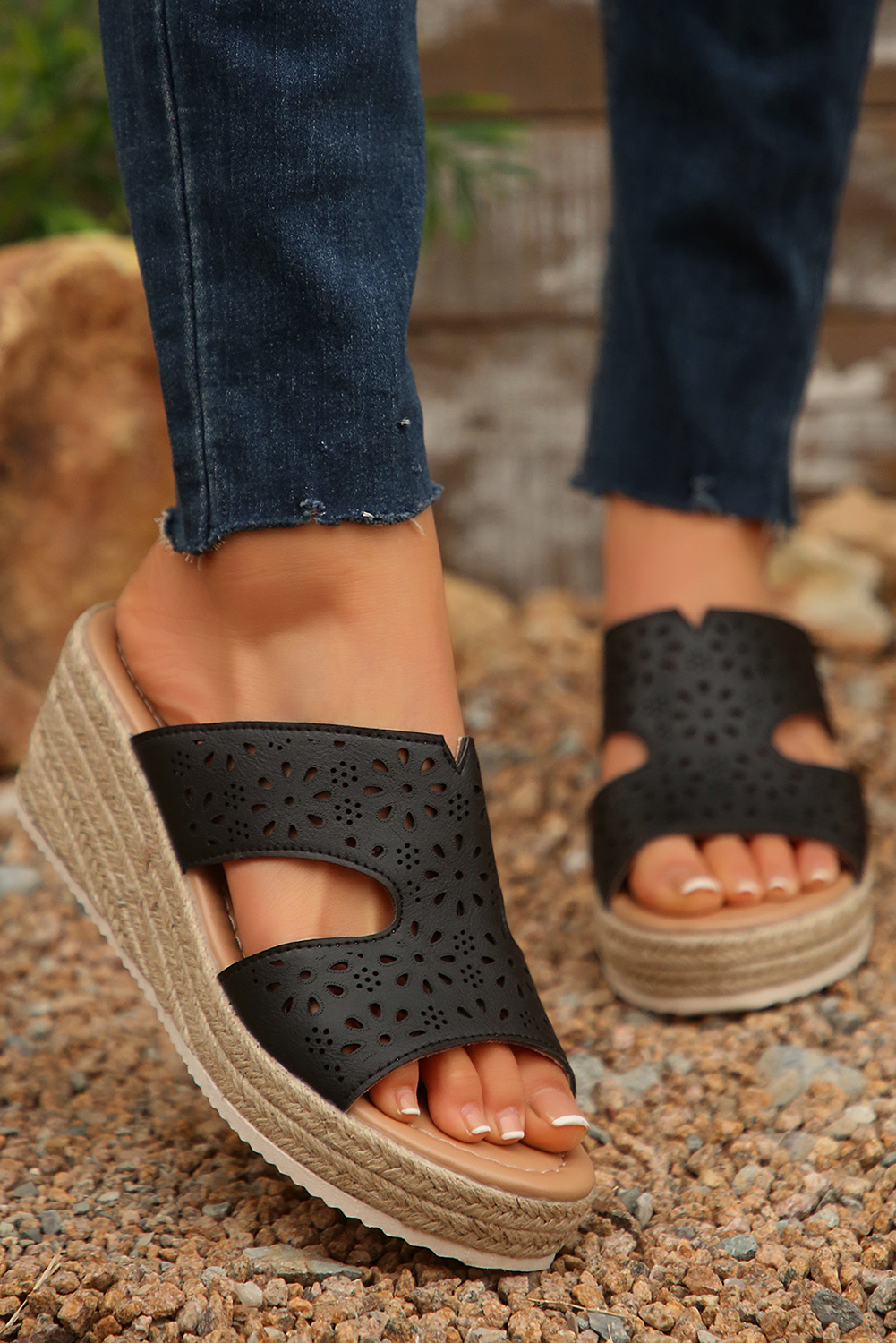 Black Flower Hollow Out PU Leather Wedge Slippers - loveforevers