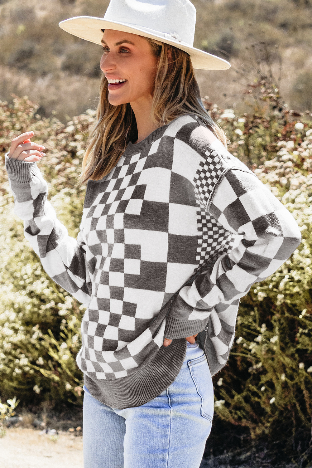 Khaki Checkered Print Drop Shoulder Round Neck Sweater - loveforevers