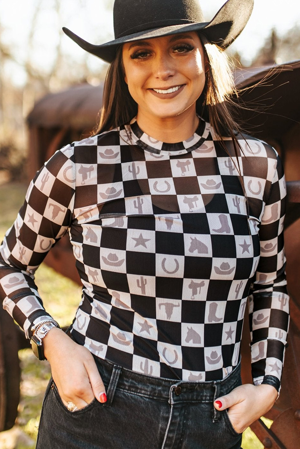 Khaki Checkered Pattern Mesh Mock Neck Long Sleeve Top - loveforevers