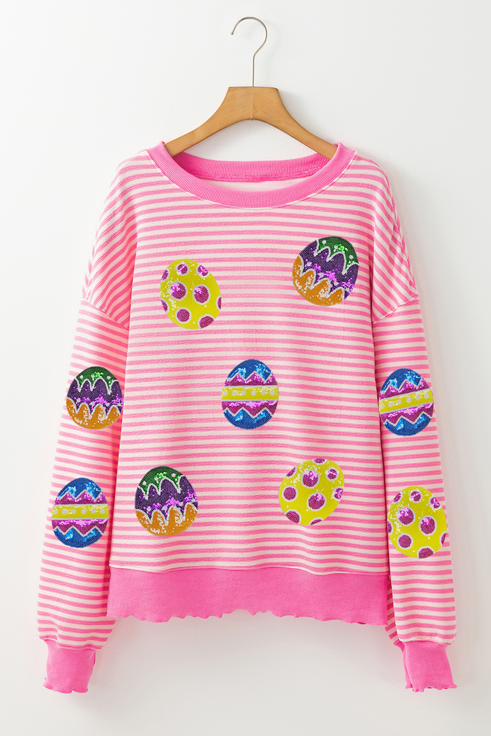 Pink Stripe Easter Egg Patched Graphic Drop Shoulder Long Sleeve Top - loveforevers
