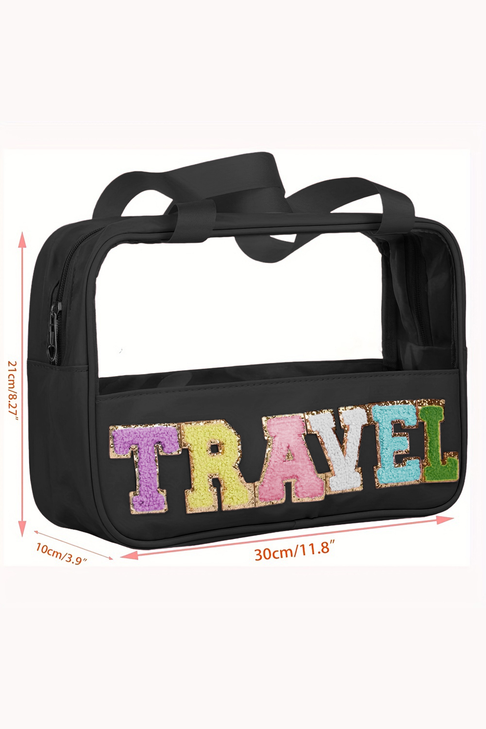Light Pink TRAVEL Chenille Letter Clear PVC Makeup Bag - loveforevers