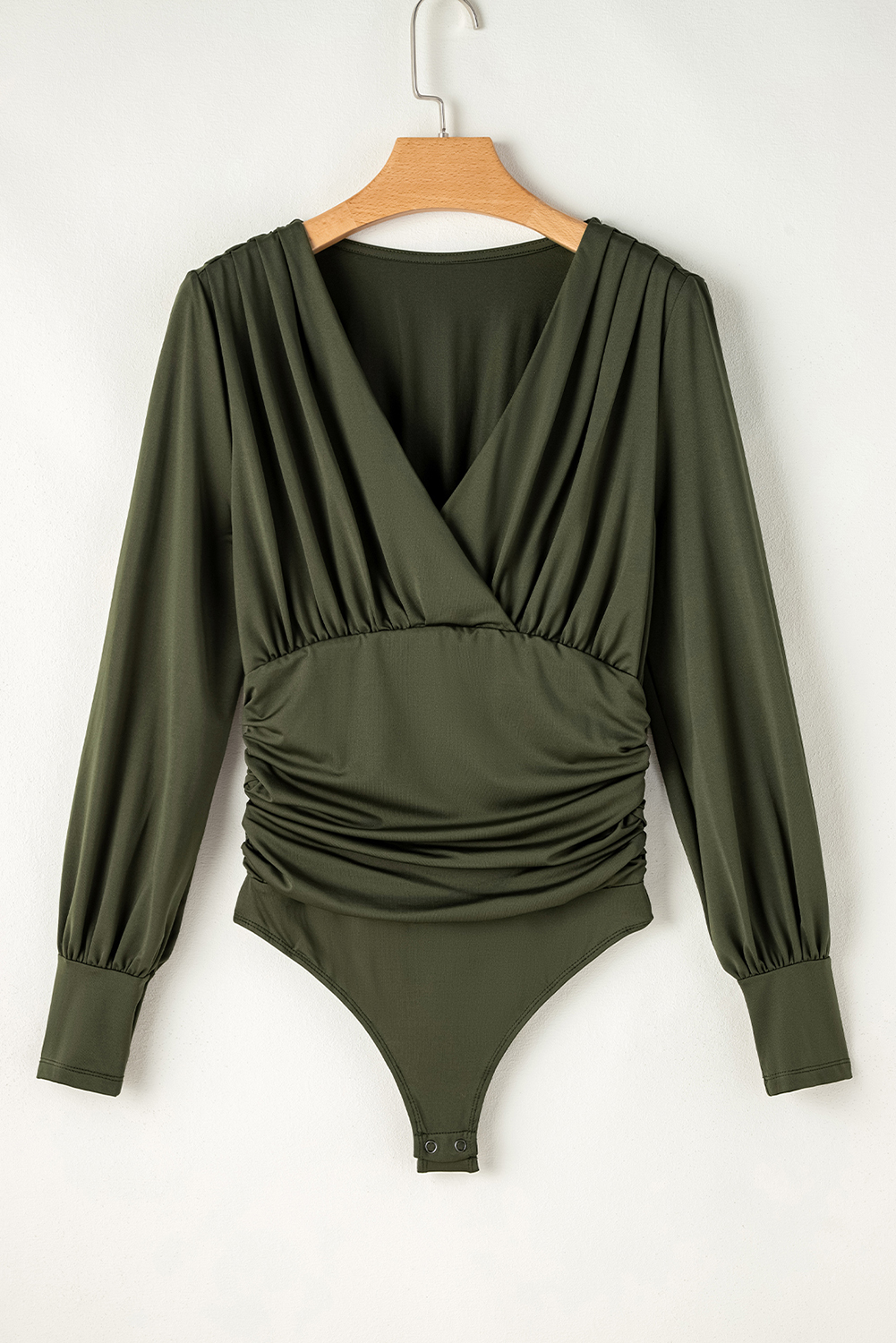 Moss Green Ruched Wrap V Neck Long Sleeve Bodysuit - loveforevers