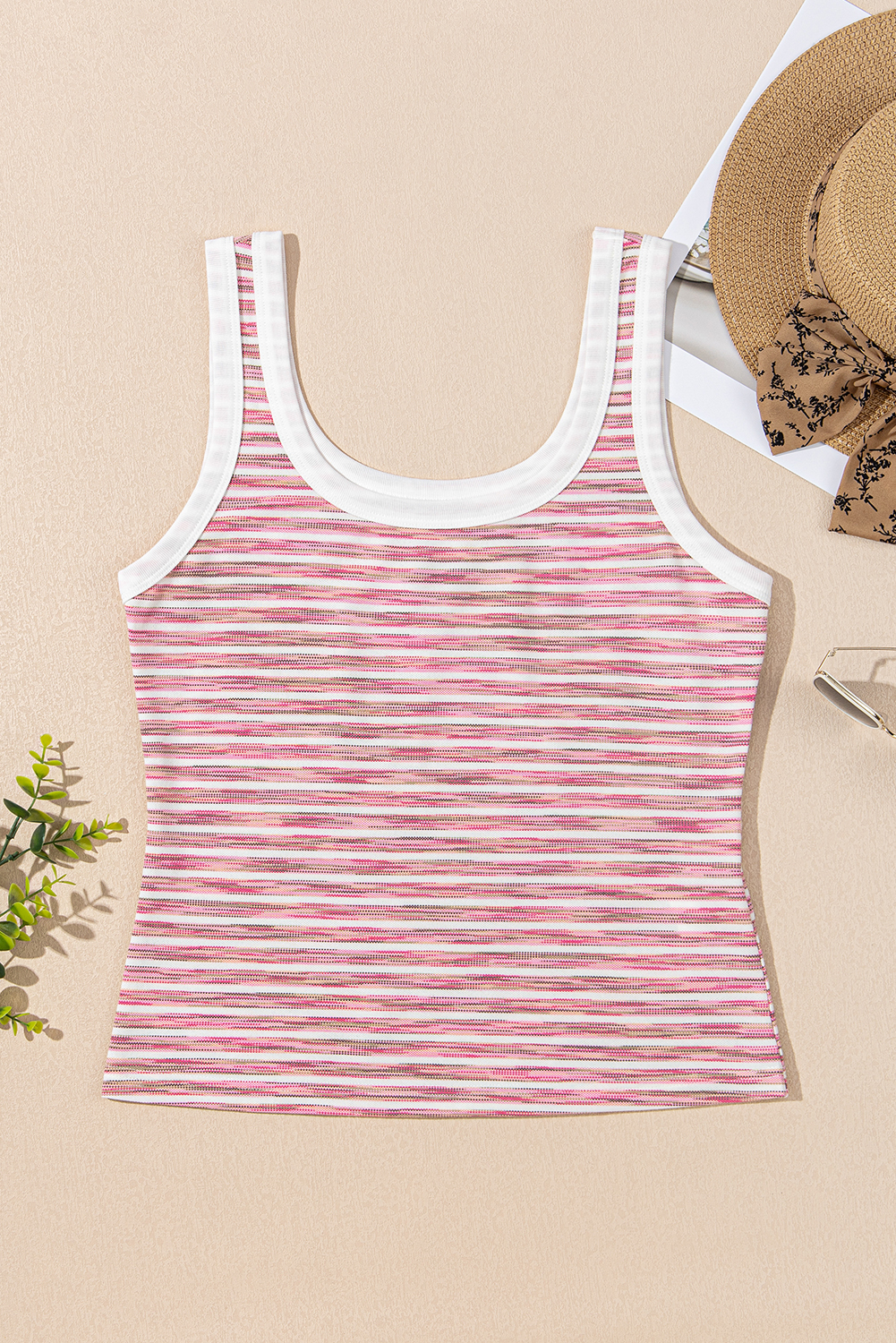 Pink Stripe Contrast Trim Yarn-dyeing Knit Tank Top - loveforevers