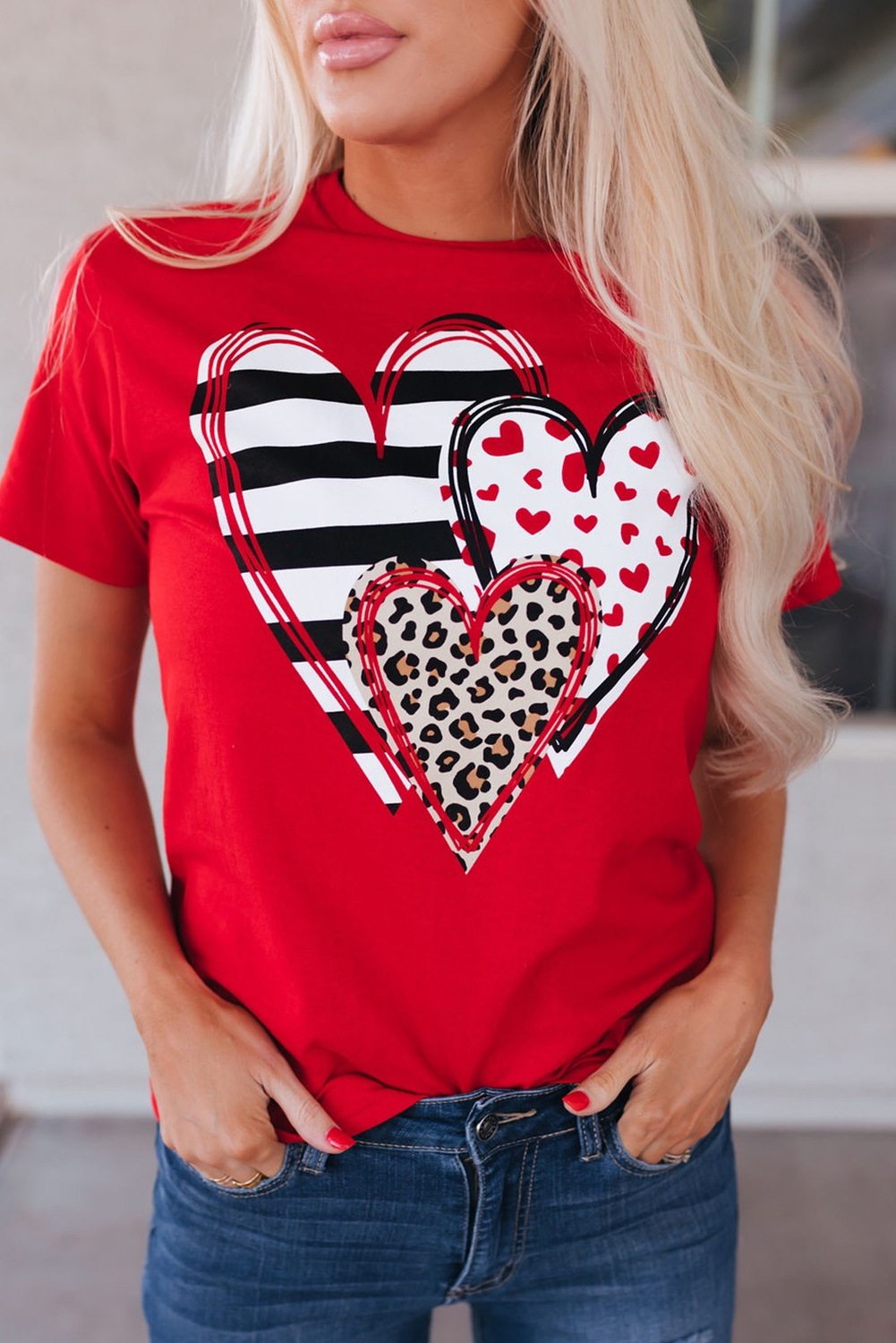 Red Leopard Striped Heart Shaped Print Crew Neck T Shirt - loveforevers