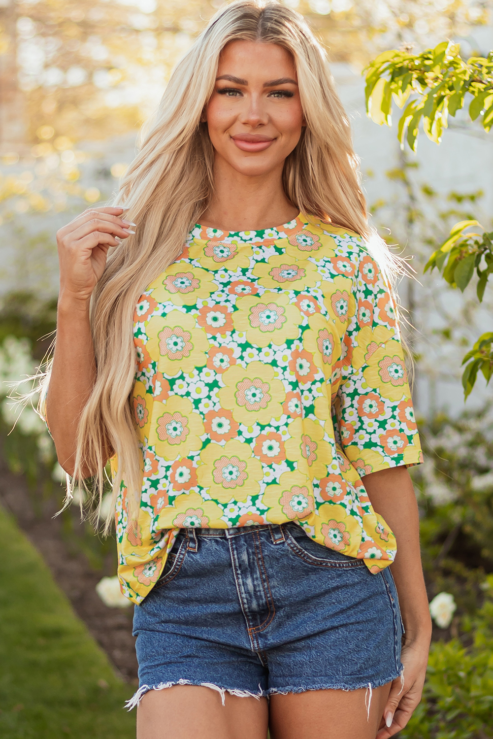 Yellow Summer Flower Printed Drop Shoulder Loose T Shirt - loveforevers
