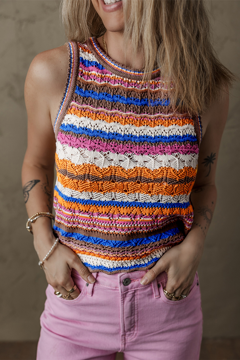 Dark Blue Striped Textured Knit Crew Neck Sweater Vest - loveforevers