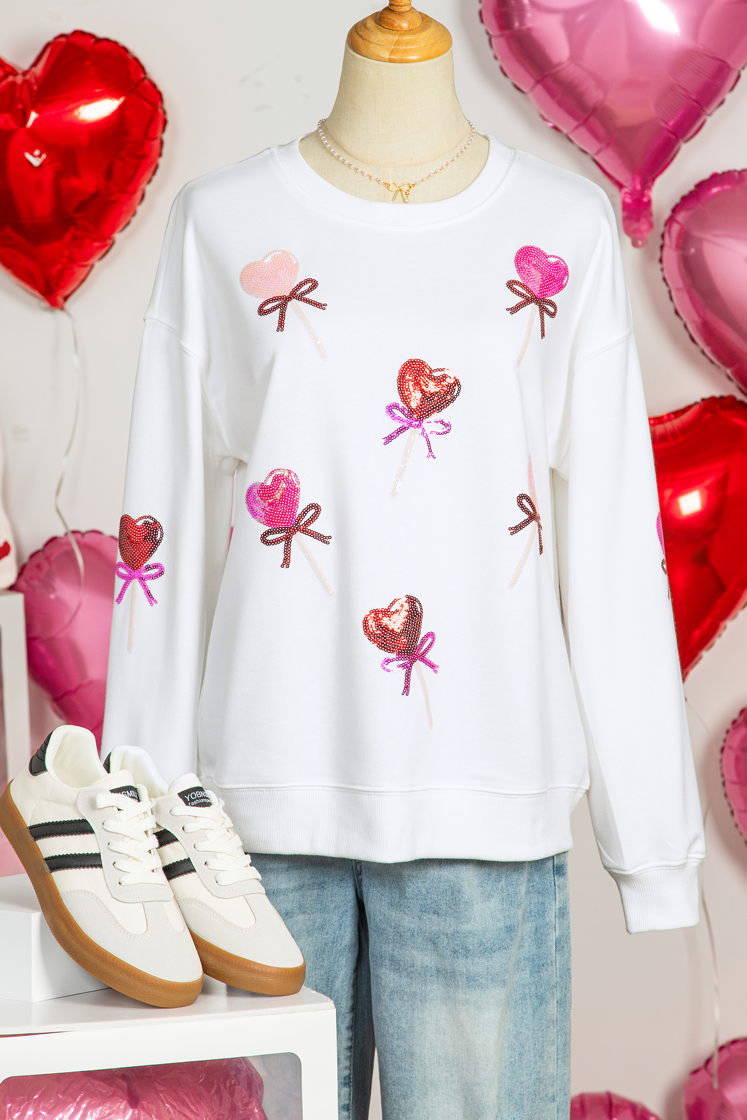 White Sequin Bow Heart Shape Lolly Valentines Day Graphic Sweatshirt - loveforevers