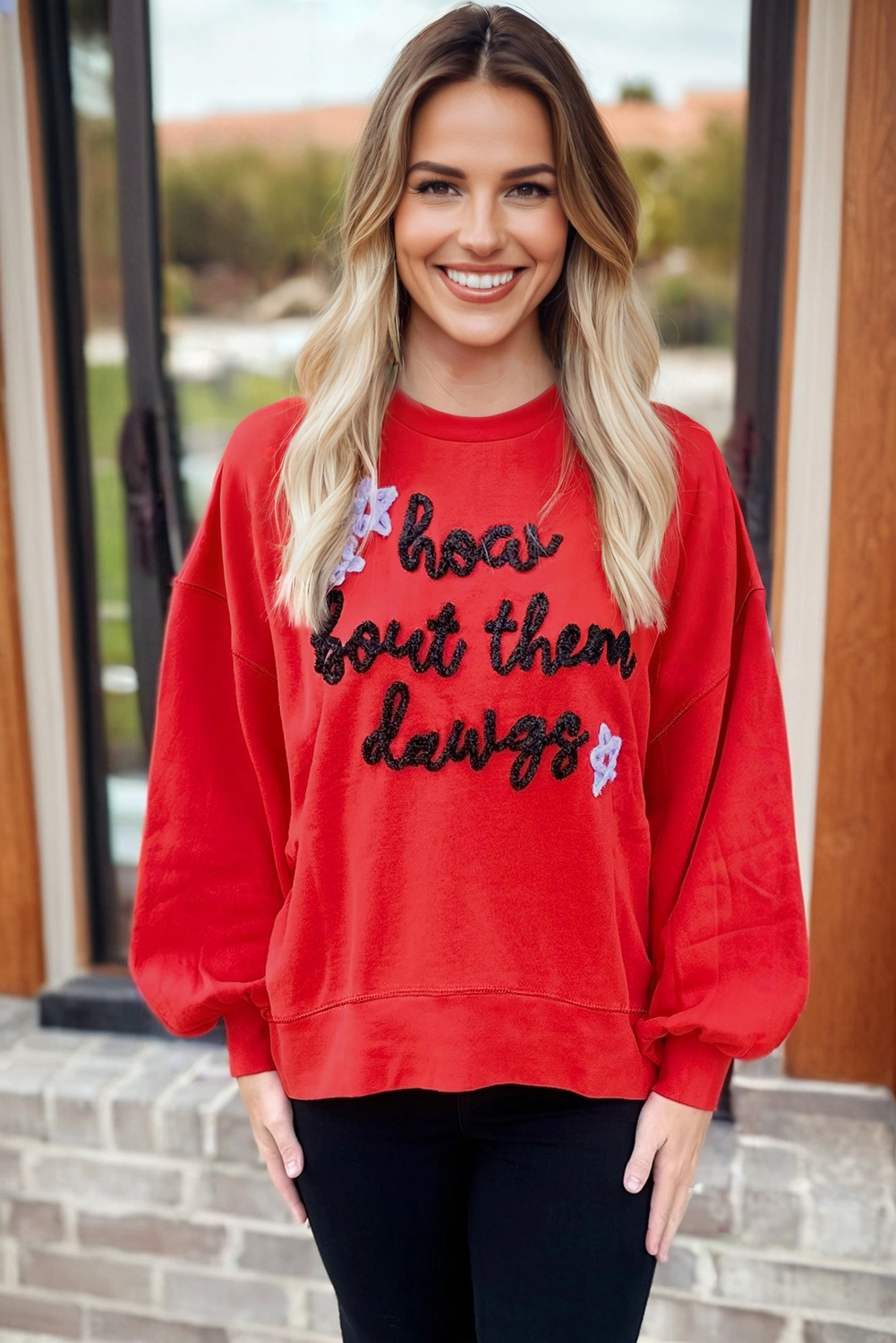 Fiery Red How Bout Them Dawgs Embroidered Script Balloon Sleeve Sweatshirt - loveforevers