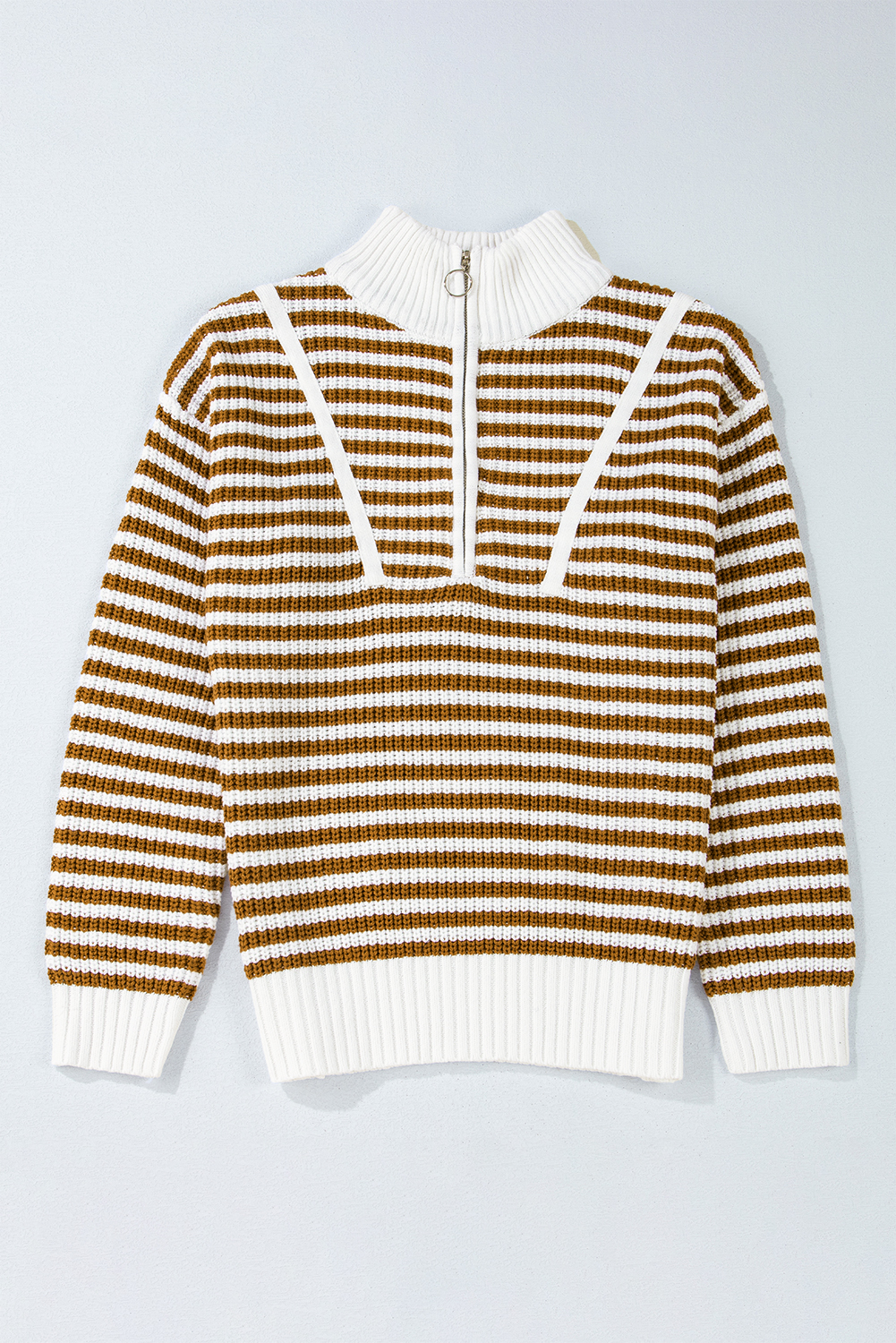 Black Stripe Zip up Collar Drop Shoulder Sweater - loveforevers