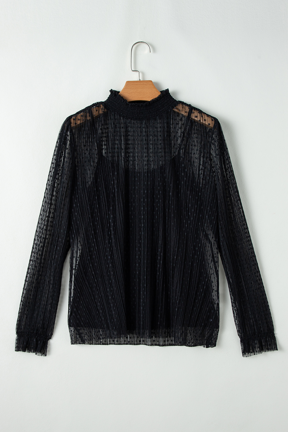Black Dotty Lace Sheer Mock Neck Long Sleeve Blouse - loveforevers