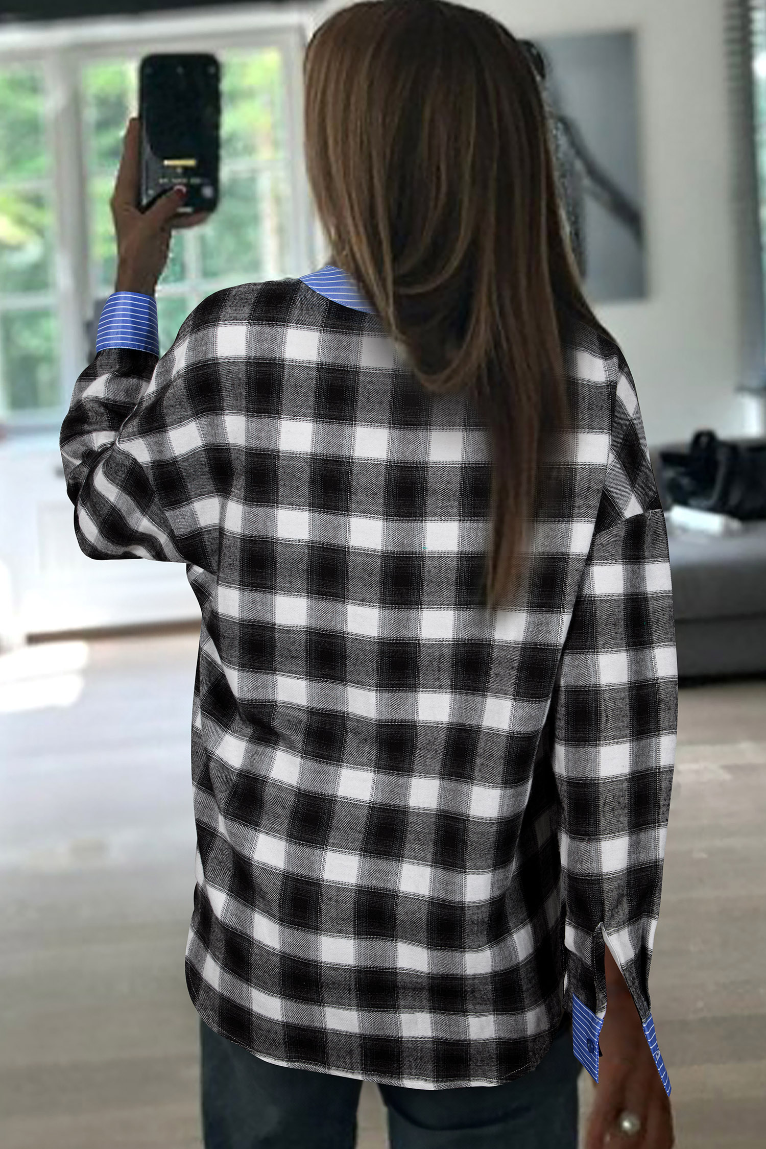 Black Contrast Striped Edge Half Placket Plaid Blouse - loveforevers