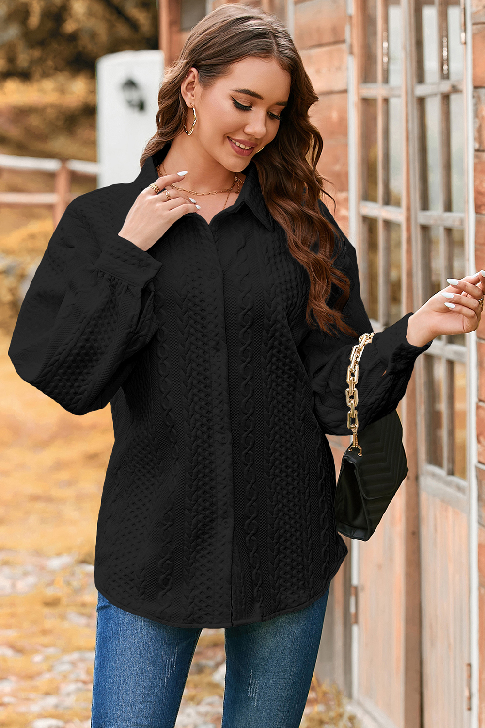 Sepia Rose Cable Texture Puff Sleeve Loose Shacket - loveforevers