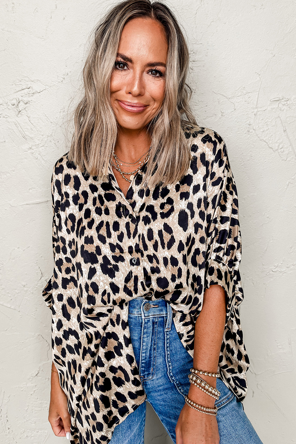 Beige Leopard Print Buttoned 3/4 Sleeve Loose Fit Shirt - loveforevers