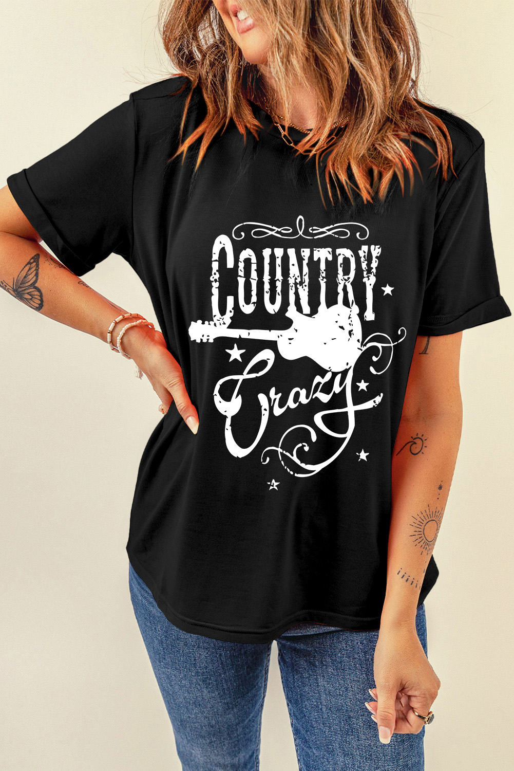 Black Country Music Crazy Print Crew Neck T Shirt - loveforevers