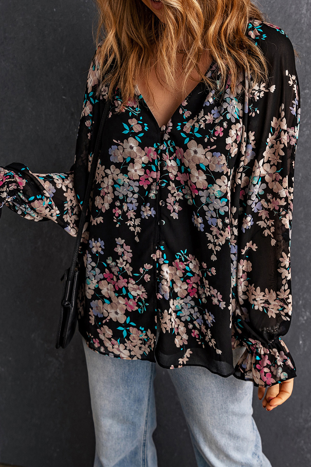Black Wildflower Print Chiffon Blouse - loveforevers