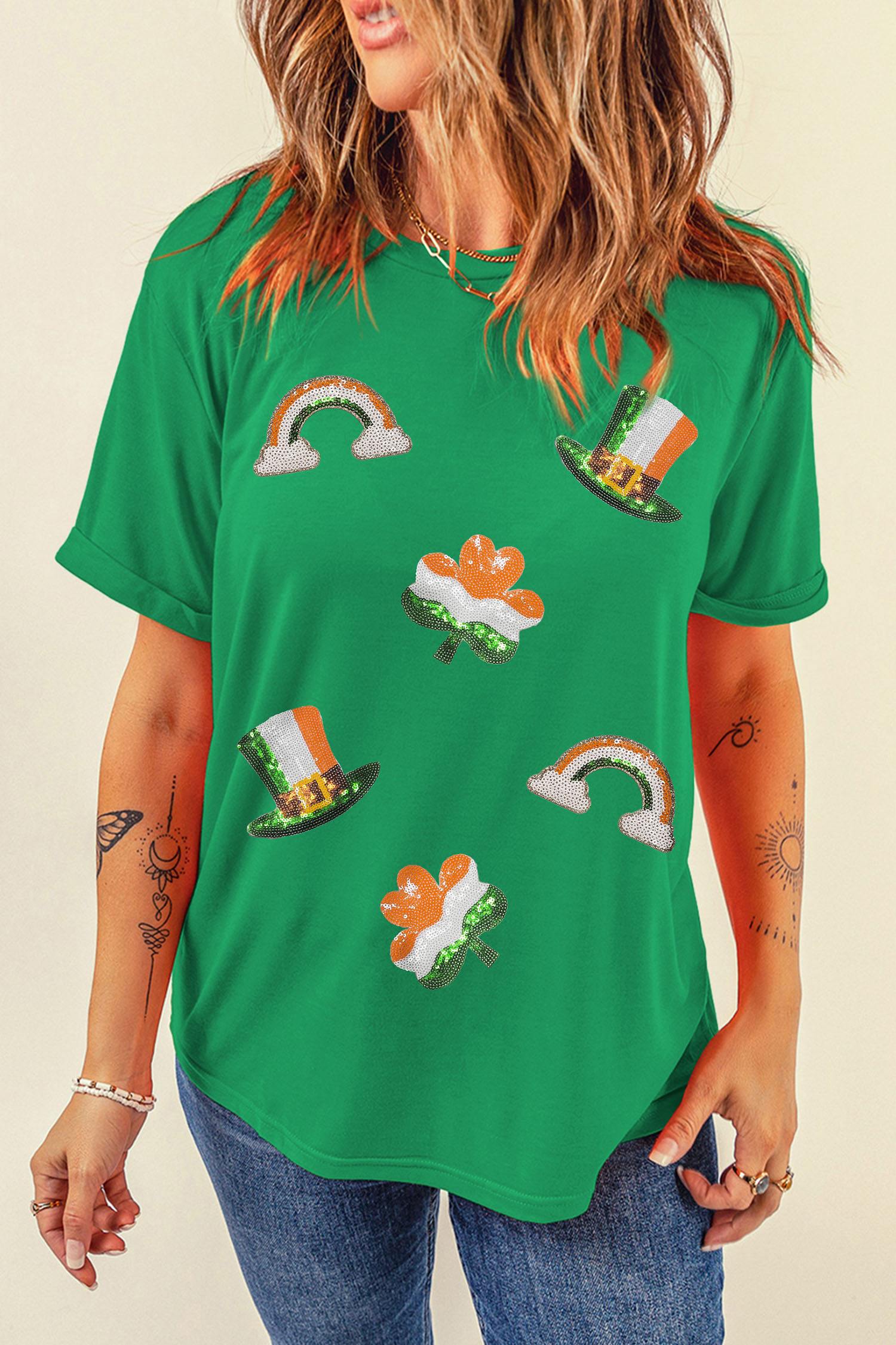 Bright Green St Patricks Day Elements Sequin Graphic Tee - loveforevers