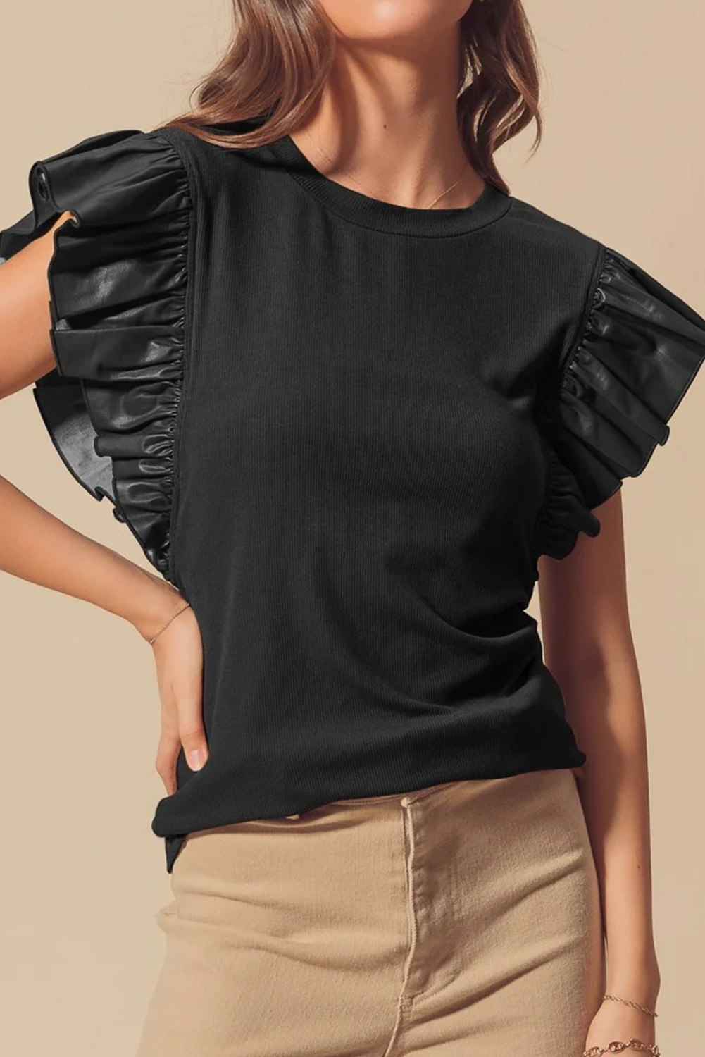 Black GAME DAY Checkered Letter Graphic Leatherette Ruffle Sleeve Top - loveforevers