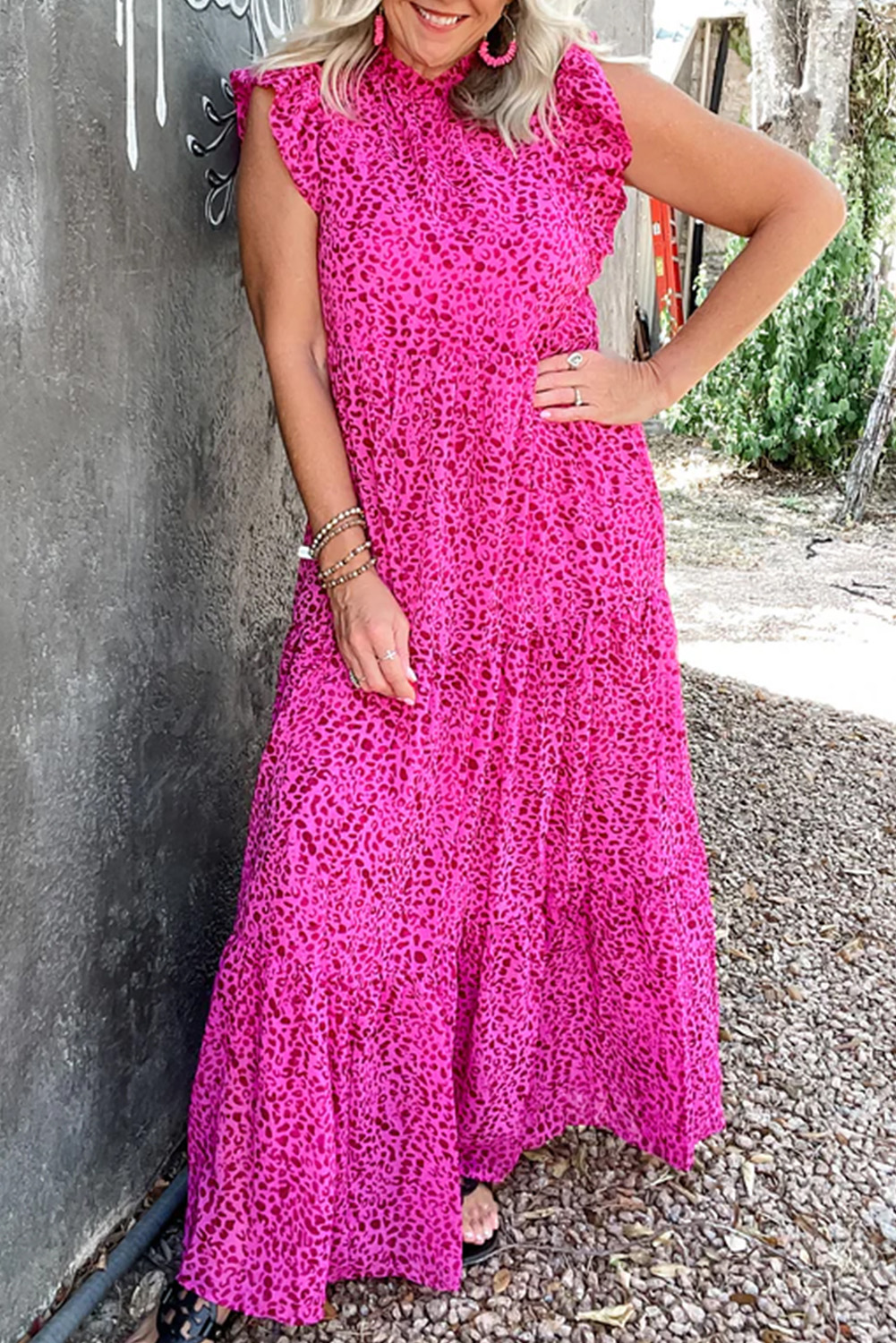 Rose Red Leopard Print Ruffled Trim Tiered Maxi Dress - loveforevers