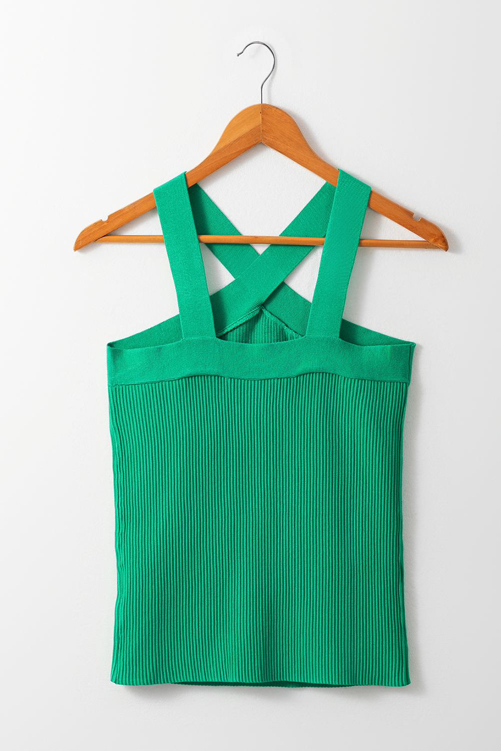 Dark Green Ribbed Criss Cross Halter Neck Sheath Sweater Tank Top - loveforevers
