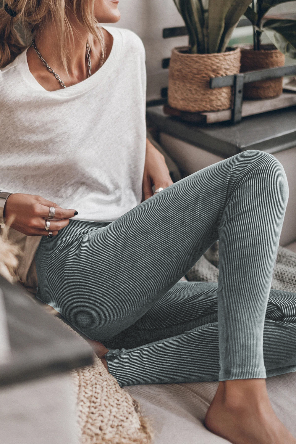 Dark Grey Vintage Wash Ribbed Leggings - loveforevers
