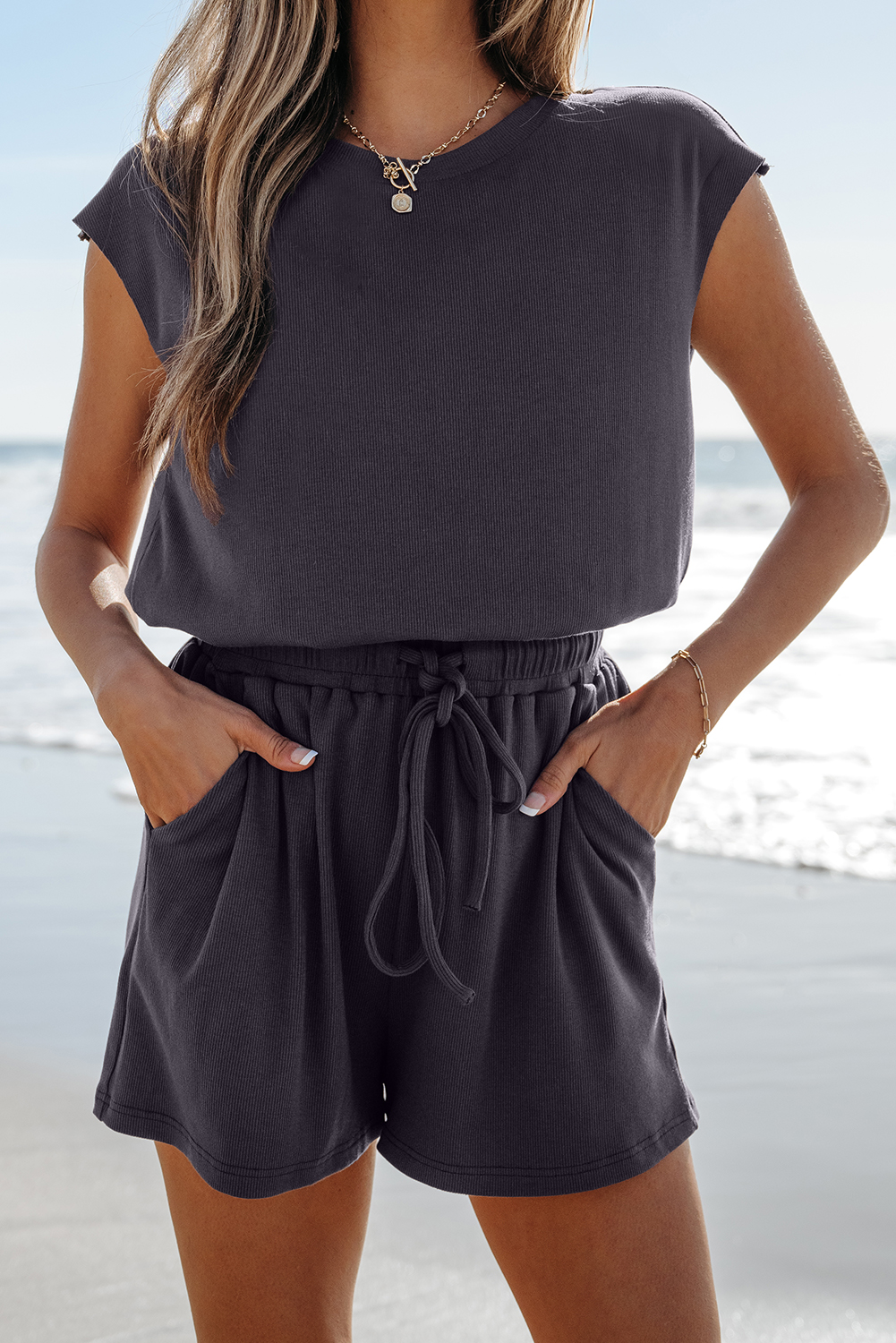 Bristol Black Knit Open Back Cap Sleeve Drawstring Elastic Waistband Romper - loveforevers