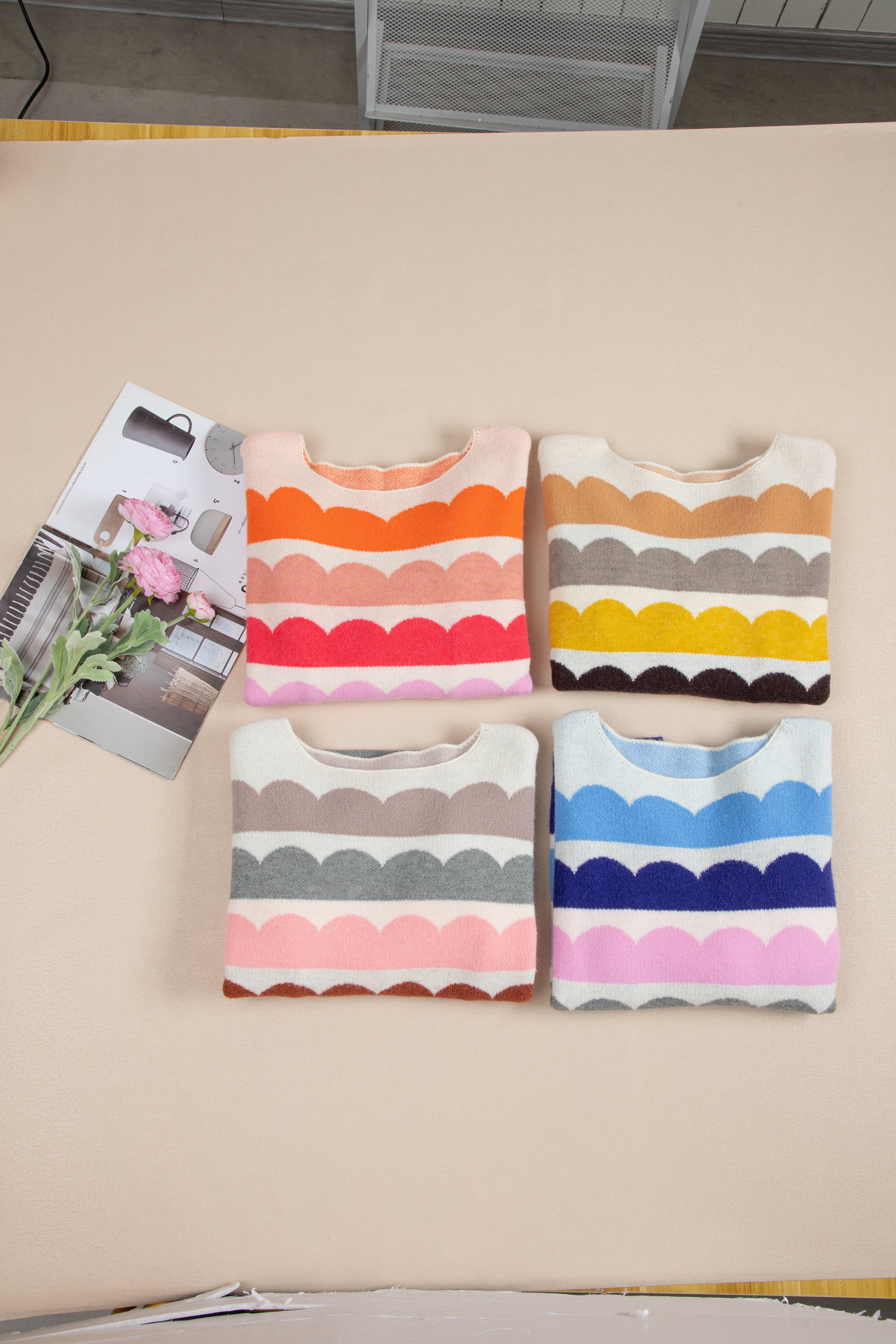 Rose Red Wave Striped Balloon Sleeve Drop Shoulder Sweater - loveforevers