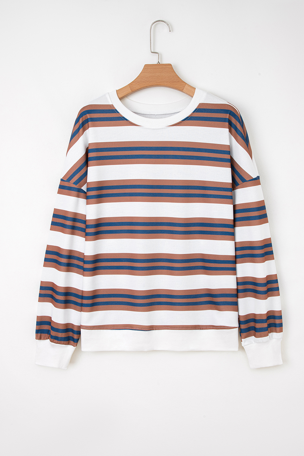 Khaki Stripe Crew Neck Drop Shoulder Pullover Sweatshirt - loveforevers