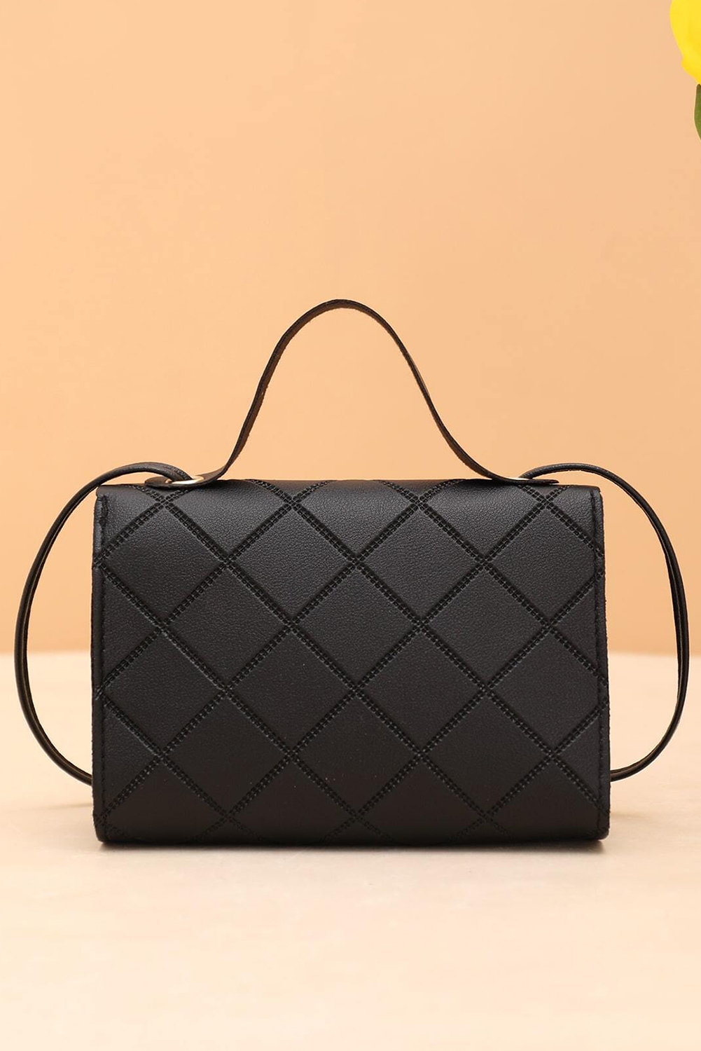 Black PU Leather Diamond Pattern Messenger Bag - loveforevers