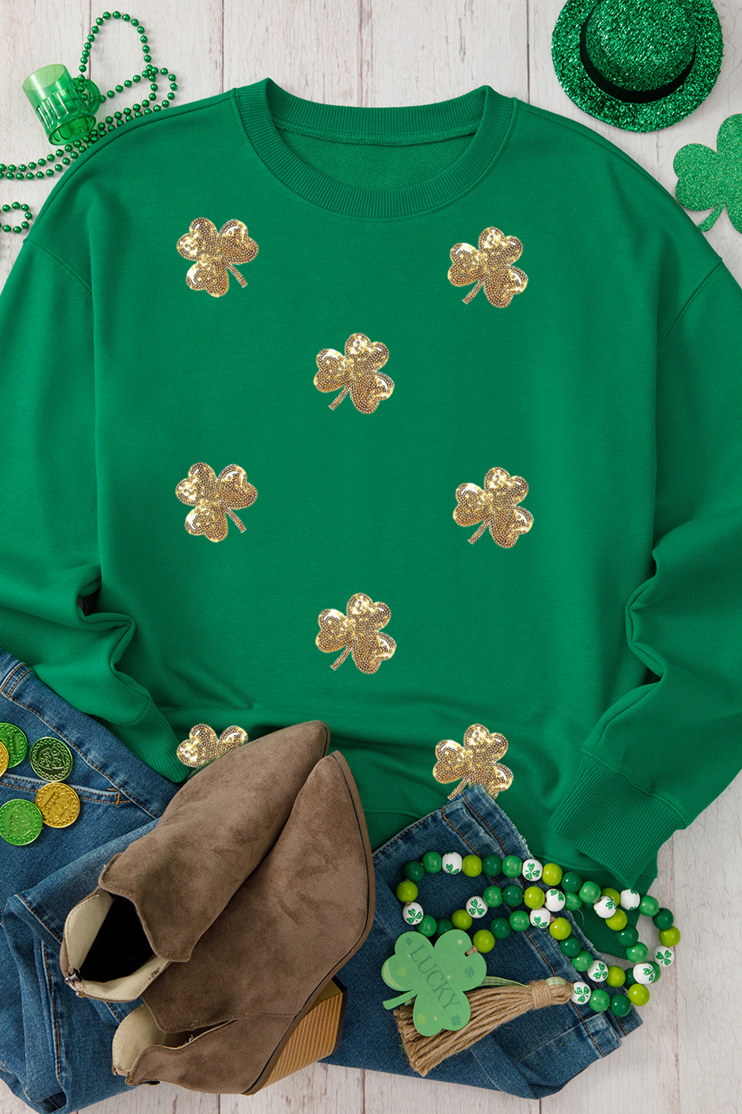 Dark Green Sequin Shamrock Irish Festive Graphic Sweatshirt - loveforevers