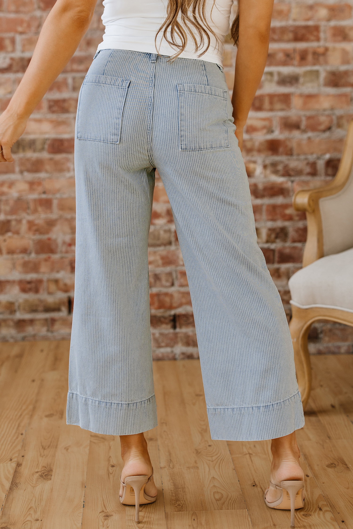 Sky Blue Stripe Button Flap Pocket Cuffed Hem Wide Leg Jeans - loveforevers
