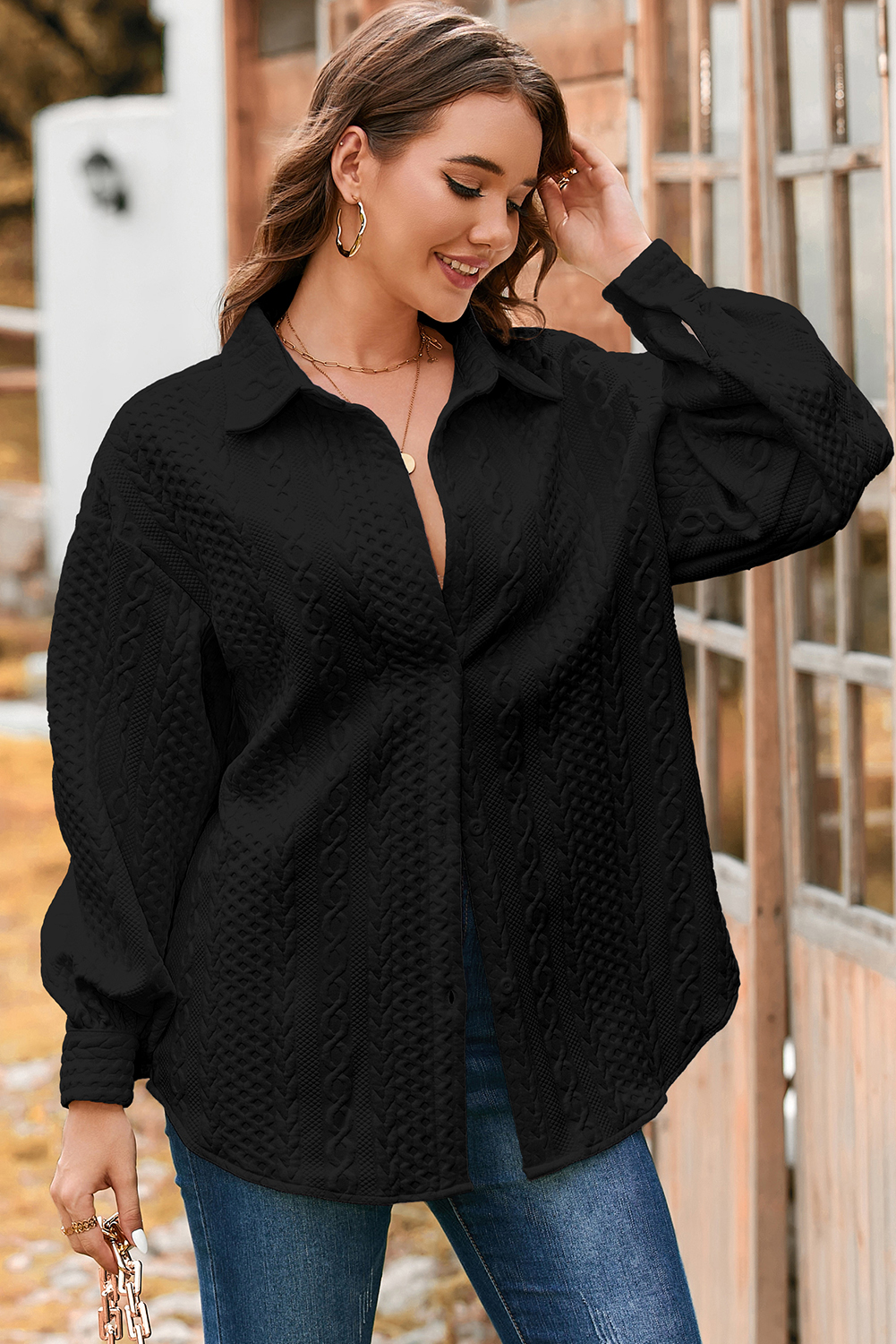 Sepia Rose Cable Texture Puff Sleeve Loose Shacket - loveforevers
