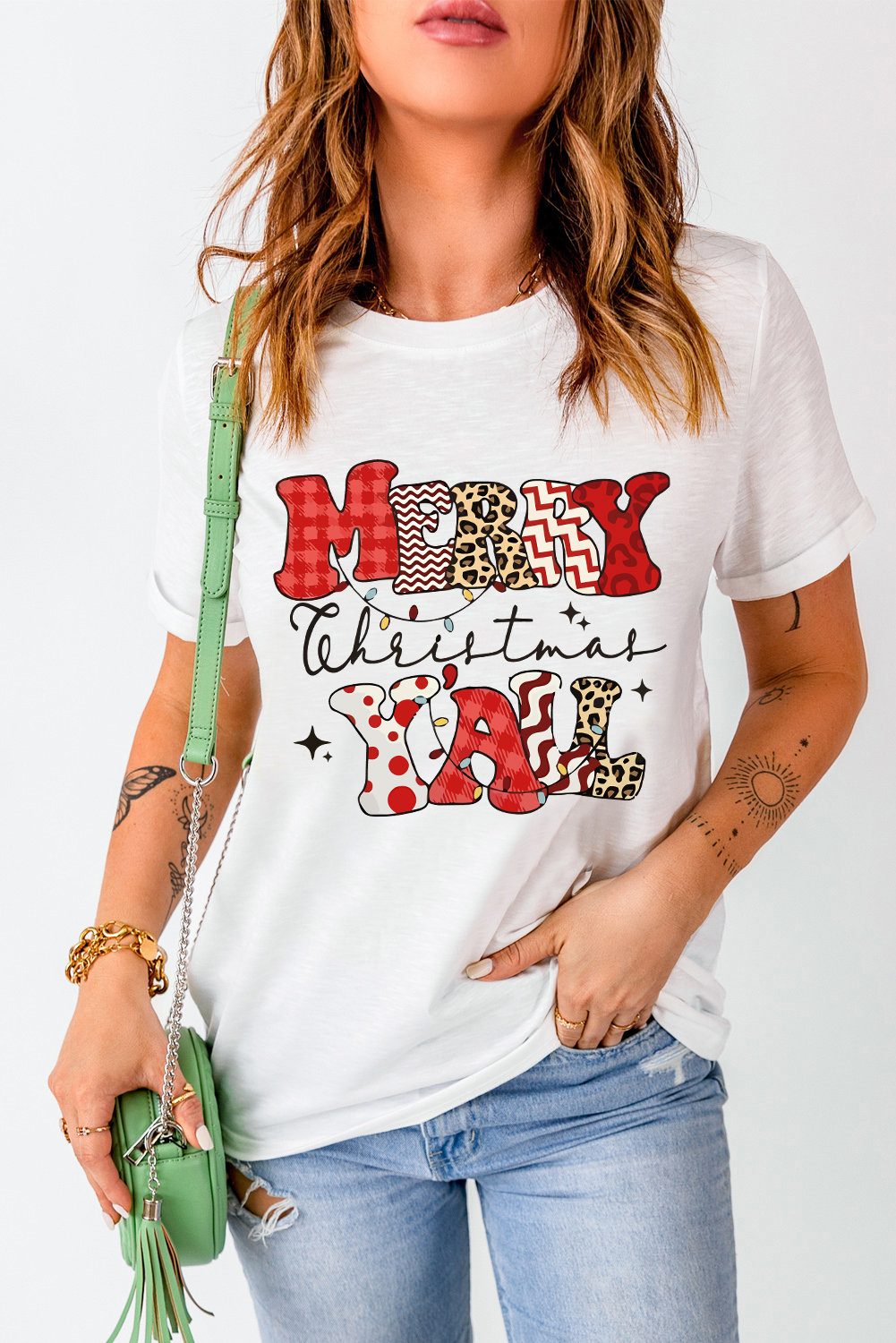 White MERRY Christmas YAll Graphic Crewneck T Shirt - loveforevers
