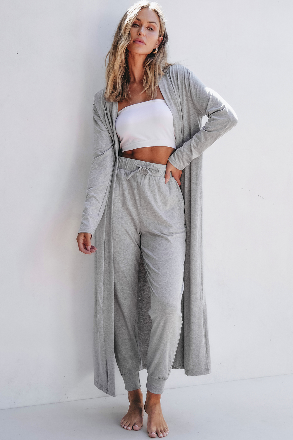 Parchment Split Long Cardigan and Skinny Pants Lounge Set - loveforevers