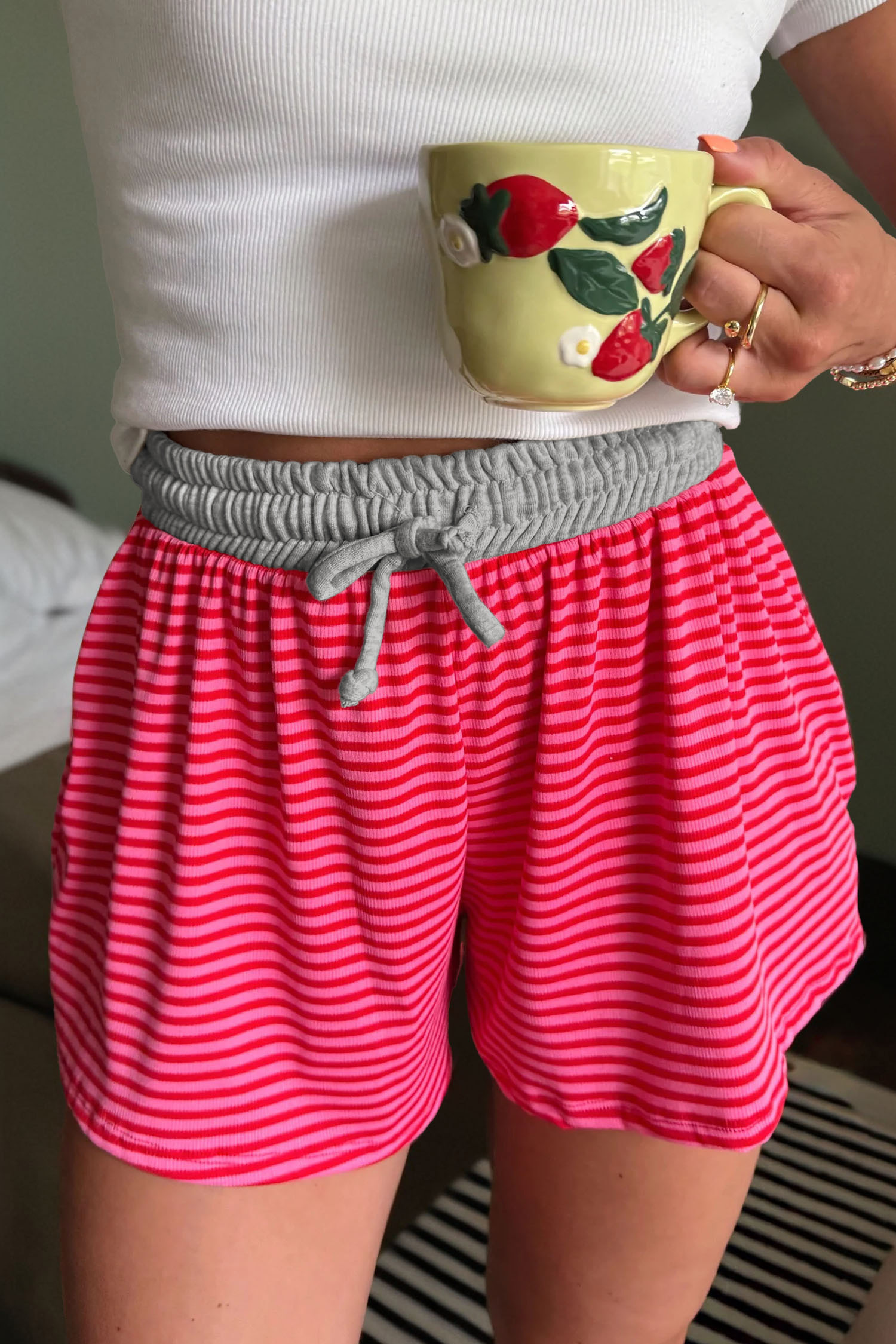Rose Stripe Contrast Elastic Waist Casual Ribbed Shorts - loveforevers