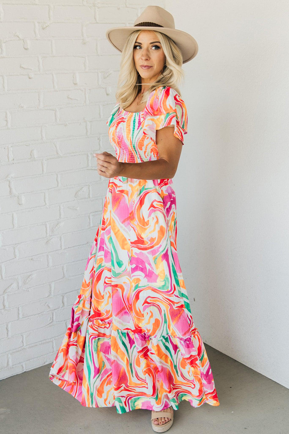 Pink Abstract Print Ruffled Sleeve Smocked Bust Maxi Dress - loveforevers