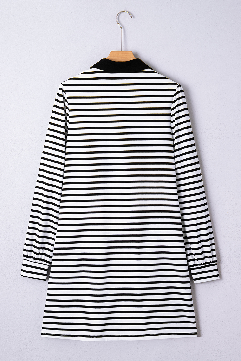 White Stripe Buttoned Front Collared Long Sleeve T Shirt Dress with Pockets - loveforevers