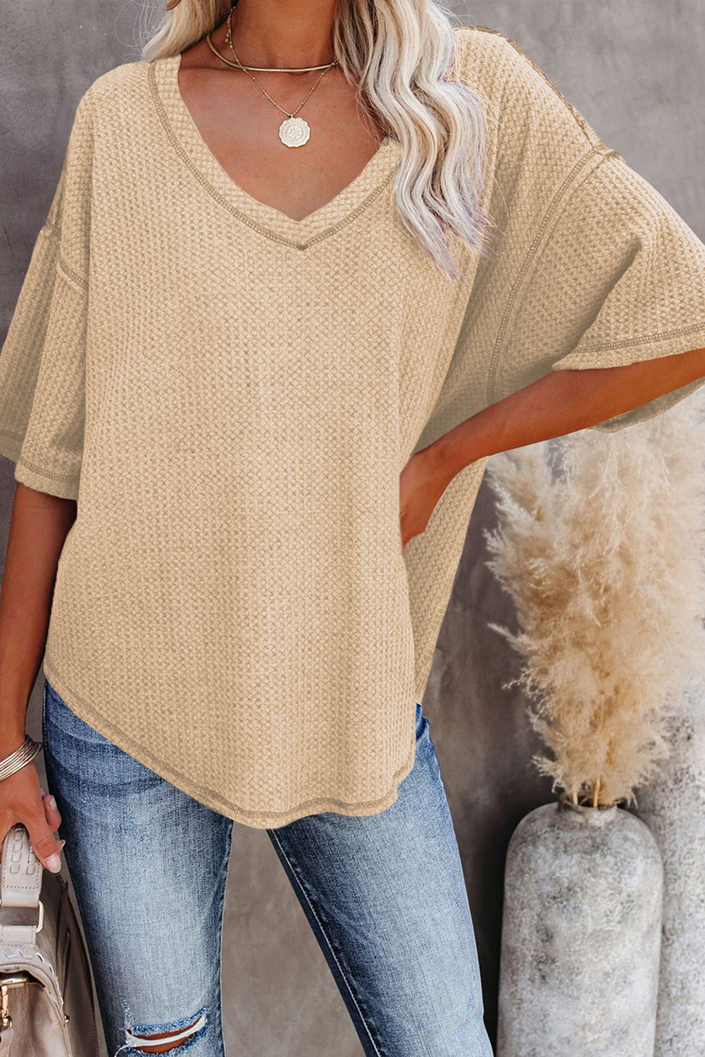White Exposed Seam Half Sleeve Knitted V Neck Textured Top - loveforevers