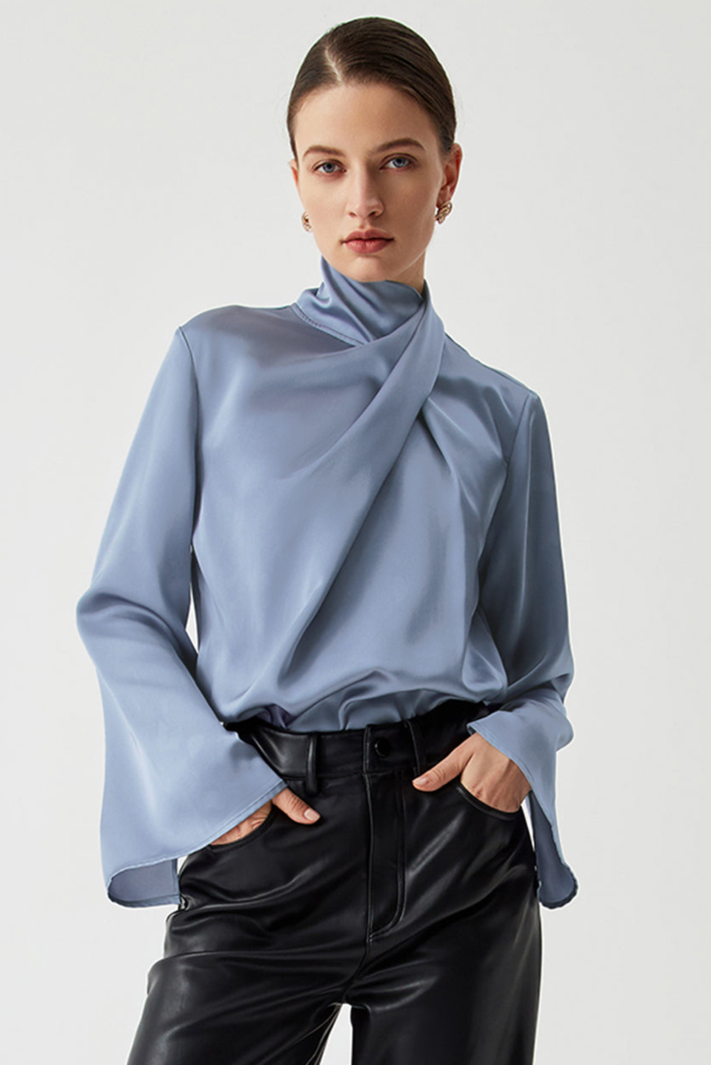 Ivy Asymmetric Pleated Turtleneck Bell Sleeve Blouse - loveforevers