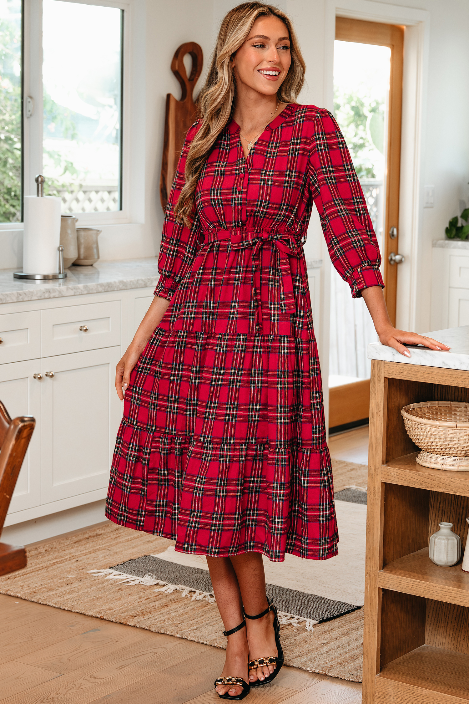 Red Christmas Plaid V Neck 3/4 Sleeve Tie Waist Ruffle Hem Long Dress - loveforevers