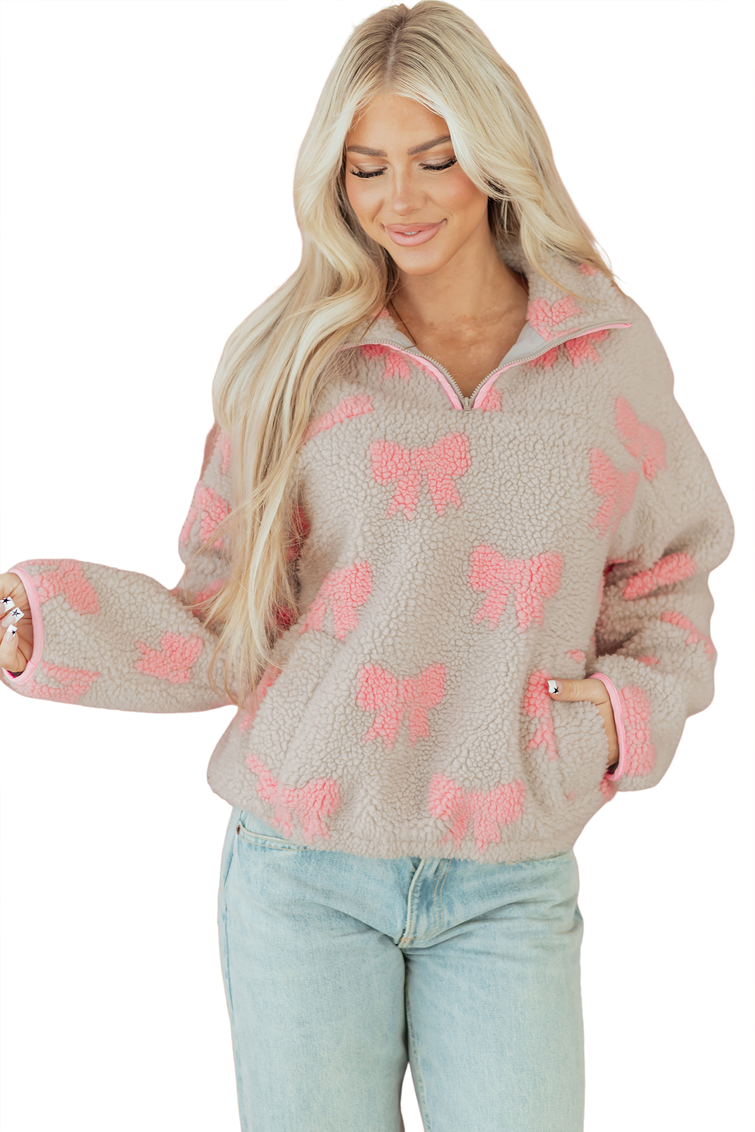 Gray Bow Sherpa Quarter Zip Drop Shoulder Baggy Sweatshirt - loveforevers